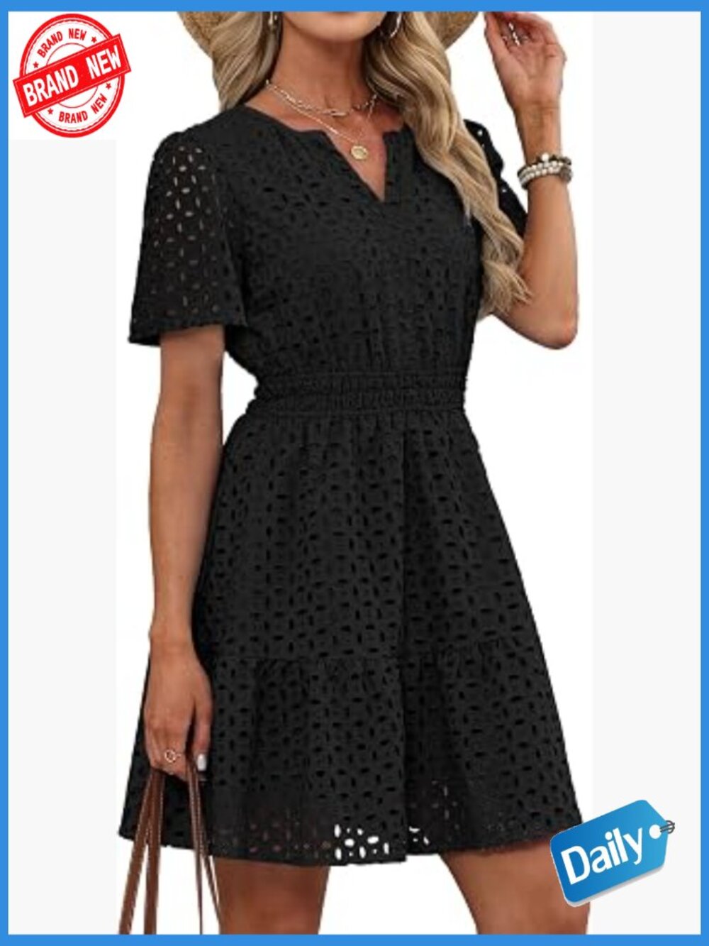 V Neck Eyelet Lace A Line Mini Dress S-XL